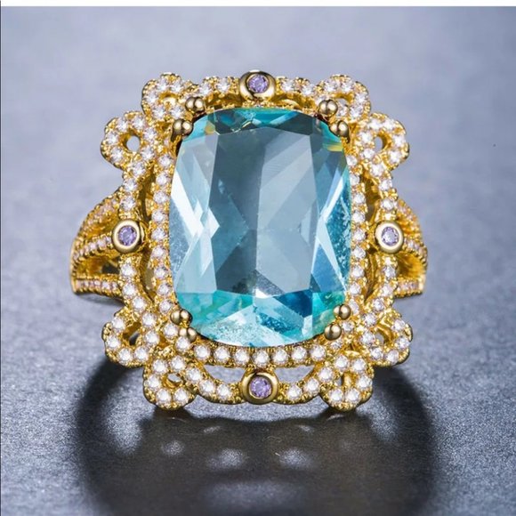 New 18k gold plated blue aquamarine luxury ring - Picture 2 of 5
